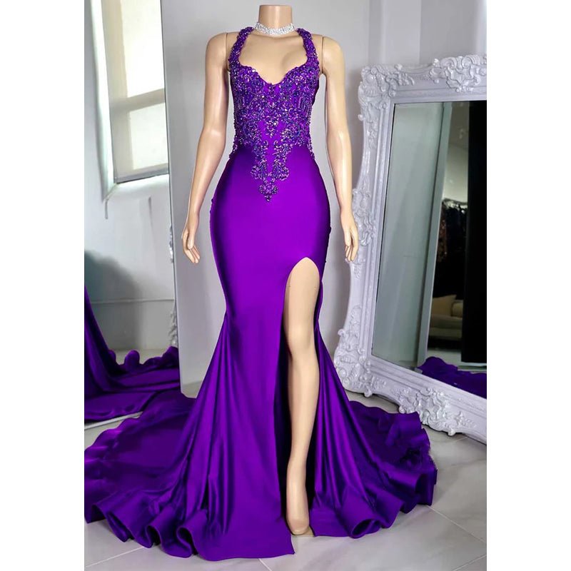 NumberSea - Asymmetrical Spaghetti Straps Beaded Appliques with Side Slit Party Prom Evening Dress