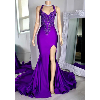 NumberSea - Asymmetrical Spaghetti Straps Beaded Appliques with Side Slit Party Prom Evening Dress