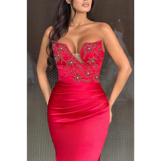 NumberSea - Asymmetrical Strapless Appliques with Side Slit Party Prom Evening Dress