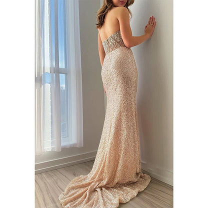 NumberSea - Asymmetrical Strapless Beaded Glitter Fitted with Train Party Prom Evening Dress