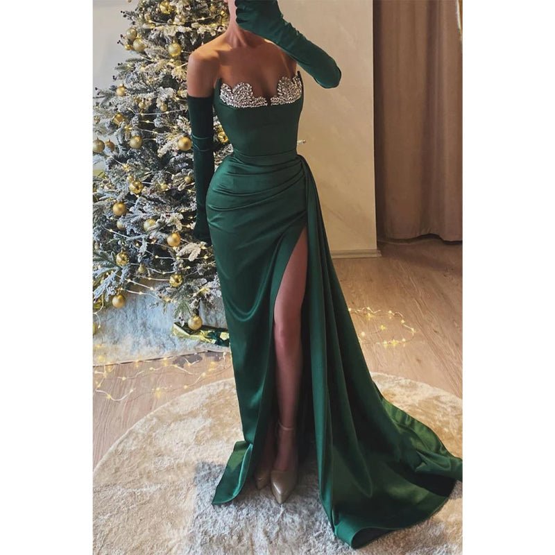 NumberSea - Asymmetrical Strapless Beaded Pleats with Side Slit Party Prom Evening Dress