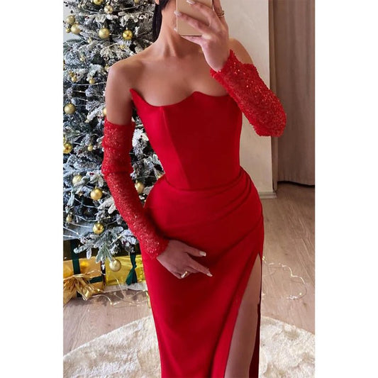 NumberSea - Asymmetrical Strapless Empire Pleats with Side Slit Party Prom Evening Dress