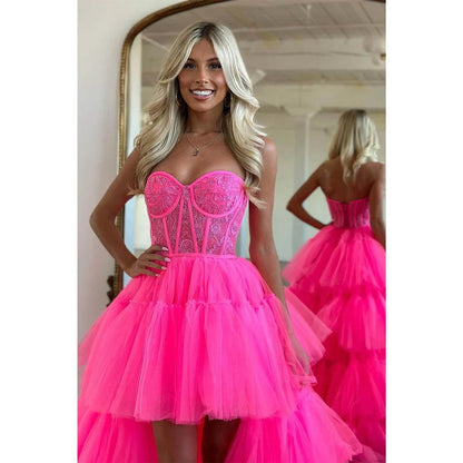 NumberSea - Asymmetry Sweetheart Tulle Pink Cute Homecoming Dress Long Prom Dress