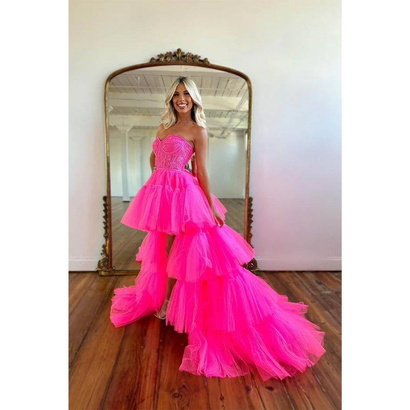 NumberSea - Asymmetry Sweetheart Tulle Pink Cute Homecoming Dress Long Prom Dress