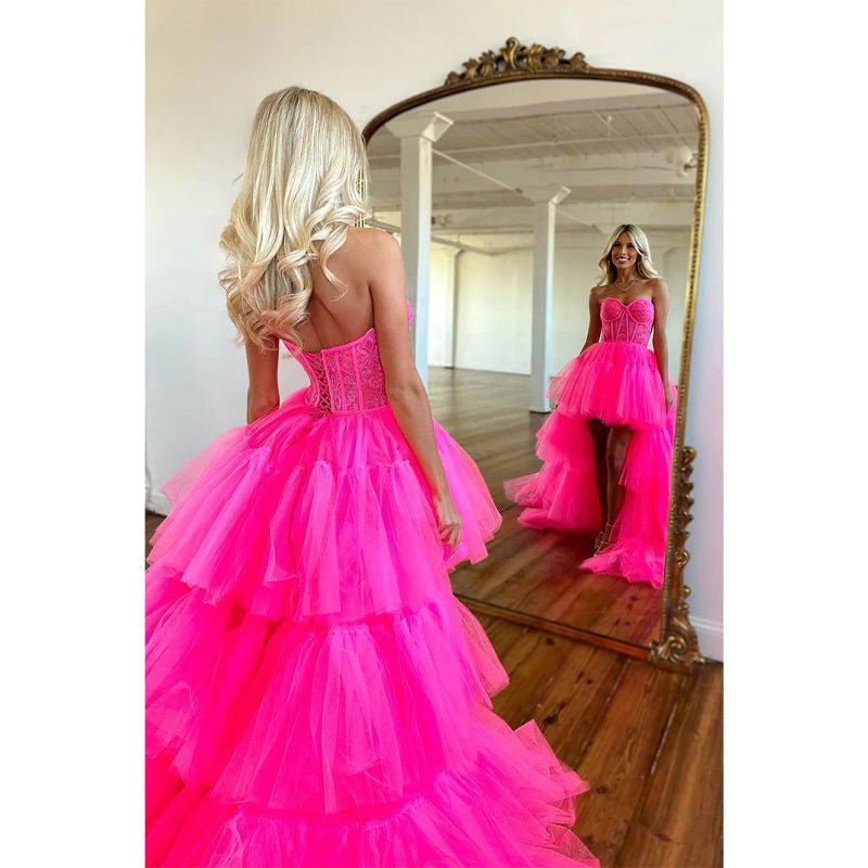 NumberSea - Asymmetry Sweetheart Tulle Pink Cute Homecoming Dress Long Prom Dress