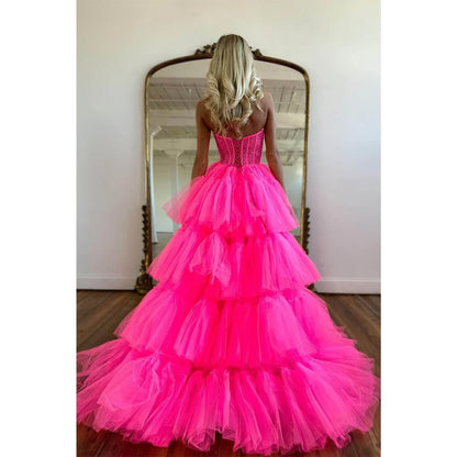 NumberSea - Asymmetry Sweetheart Tulle Pink Cute Homecoming Dress Long Prom Dress