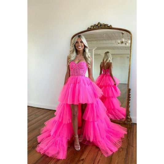 NumberSea - Asymmetry Sweetheart Tulle Pink Cute Homecoming Dress Long Prom Dress