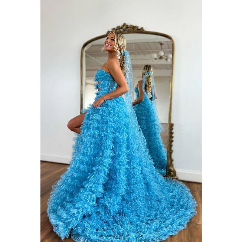 NumberSea - Attractive A - line Ball Gown Strapless Tulle Prom Dress with Slit Evening Gowns