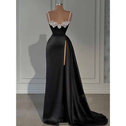 NumberSea - Attractive Beaded Spaghetti Straps Long Prom Dress with Slit Evening Gowns