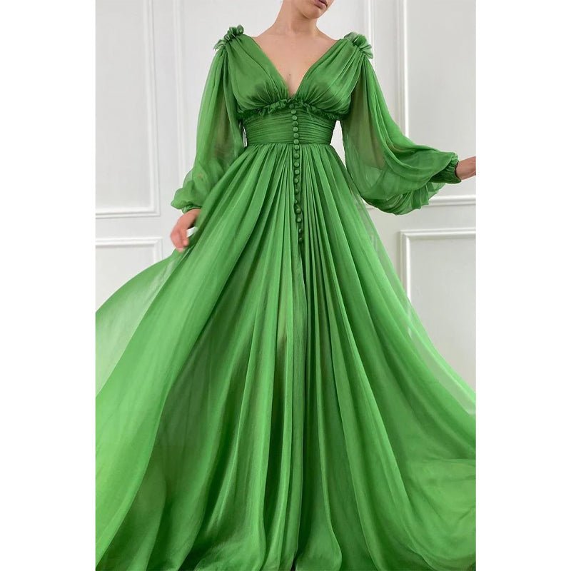 NumberSea - Attractive Deep V - neck Green Tulle Long Sleeves A - line Formal Evening Dress