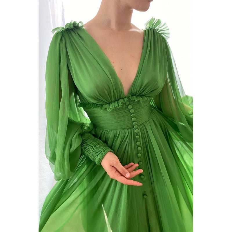 NumberSea - Attractive Deep V - neck Green Tulle Long Sleeves A - line Formal Evening Dress