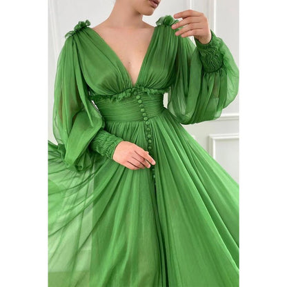 NumberSea - Attractive Deep V - neck Green Tulle Long Sleeves A - line Formal Evening Dress