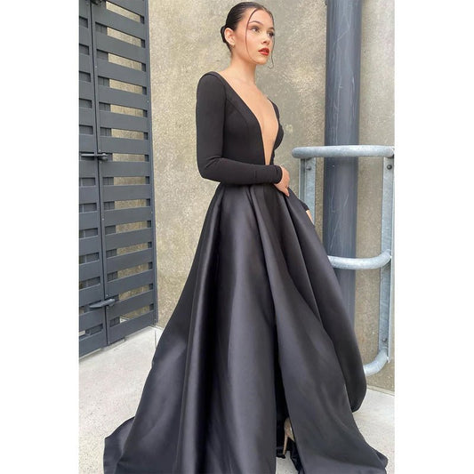 NumberSea - Attractive Deep V - neck Long Sleeves Black Prom Dress with Pockets