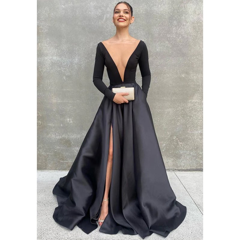 NumberSea - Attractive Deep V - neck Long Sleeves Black Prom Dress with Pockets