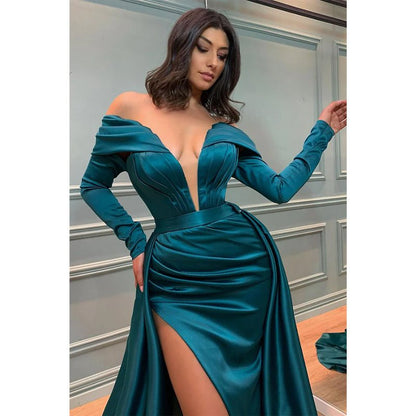 NumberSea - Attractive Deep V Neck Satin Pleats Long Sleeves Mermaid Prom Formal Dress with Slit