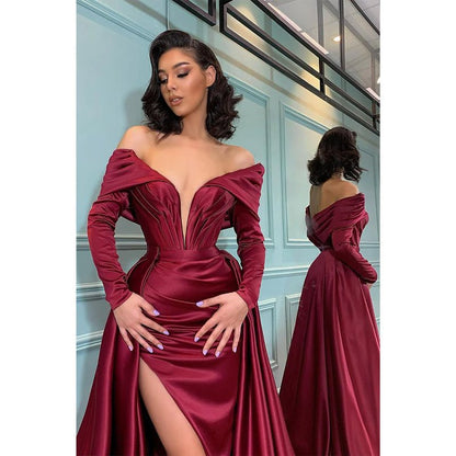 NumberSea - Attractive Deep V Neck Satin Pleats Long Sleeves Mermaid Prom Formal Dress with Slit