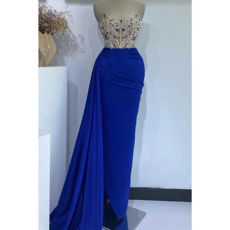 NumberSea - Attractive Sheath/column Strapless Beaded Blue Prom Evening Gowns