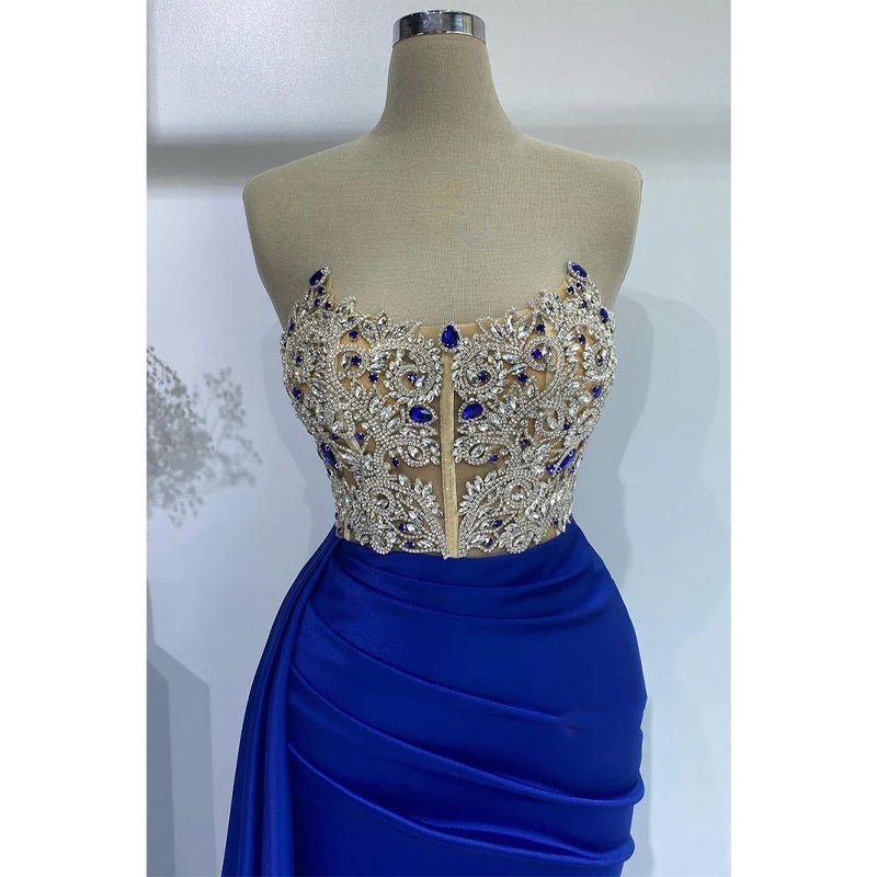 NumberSea - Attractive Sheath/column Strapless Beaded Blue Prom Evening Gowns