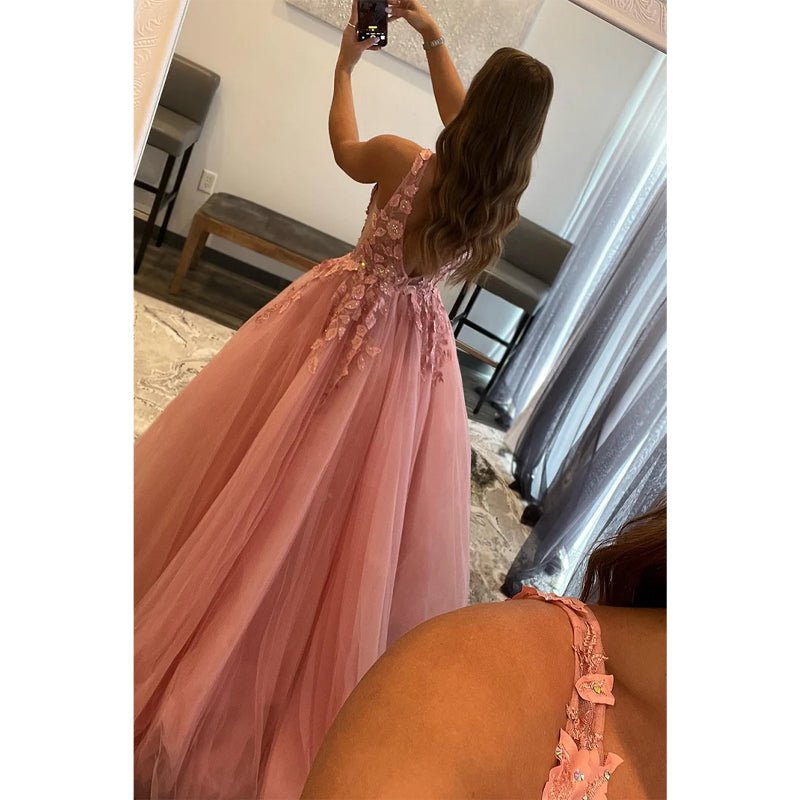 NumberSea - Attractive V - neck 3d Appliques Pink Cute Prom Dress Long