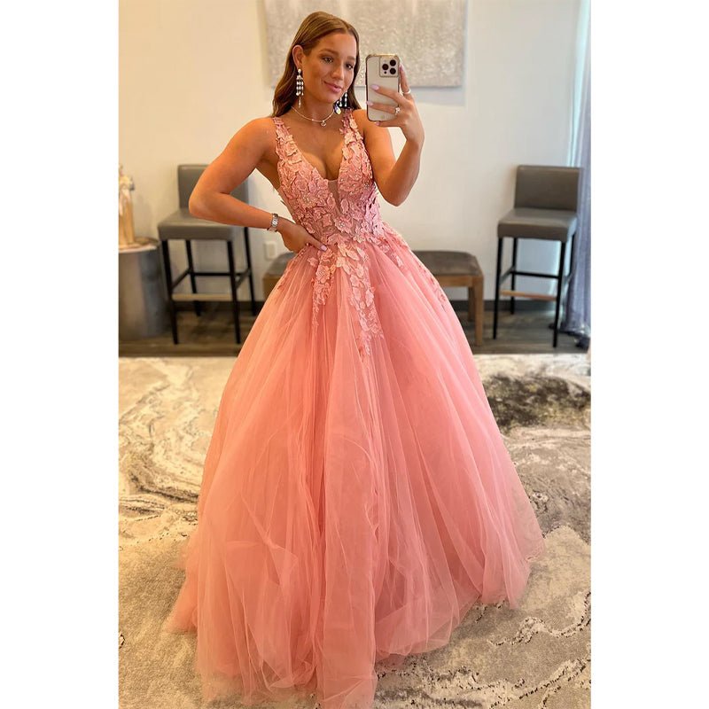 NumberSea - Attractive V - neck 3d Appliques Pink Cute Prom Dress Long