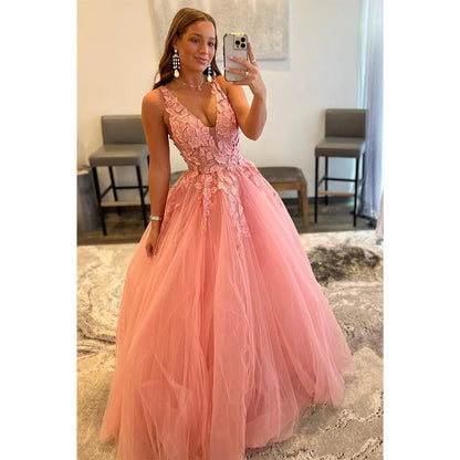 NumberSea - Attractive V - neck 3d Appliques Pink Cute Prom Dress Long