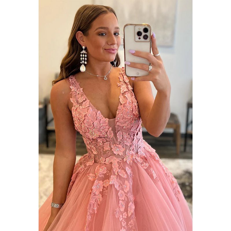 NumberSea - Attractive V - neck 3d Appliques Pink Cute Prom Dress Long