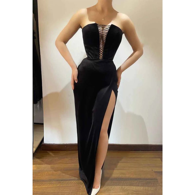 NumberSea - Attractive V Neck Black Velvet Long Formal Party Dress with Slit