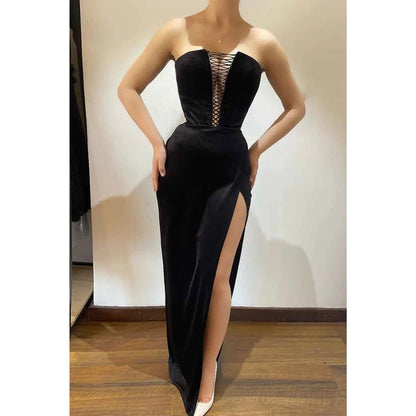 NumberSea - Attractive V Neck Black Velvet Long Formal Party Dress with Slit