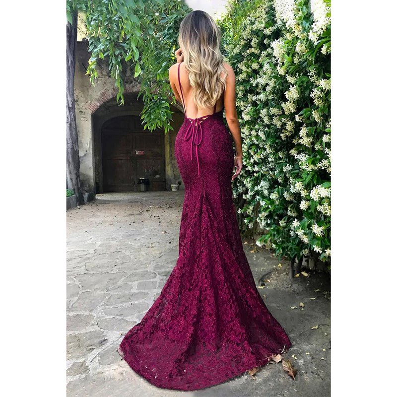 NumberSea - Attractive V - neck Burgundy Lace Mermaid Prom Dress Backless