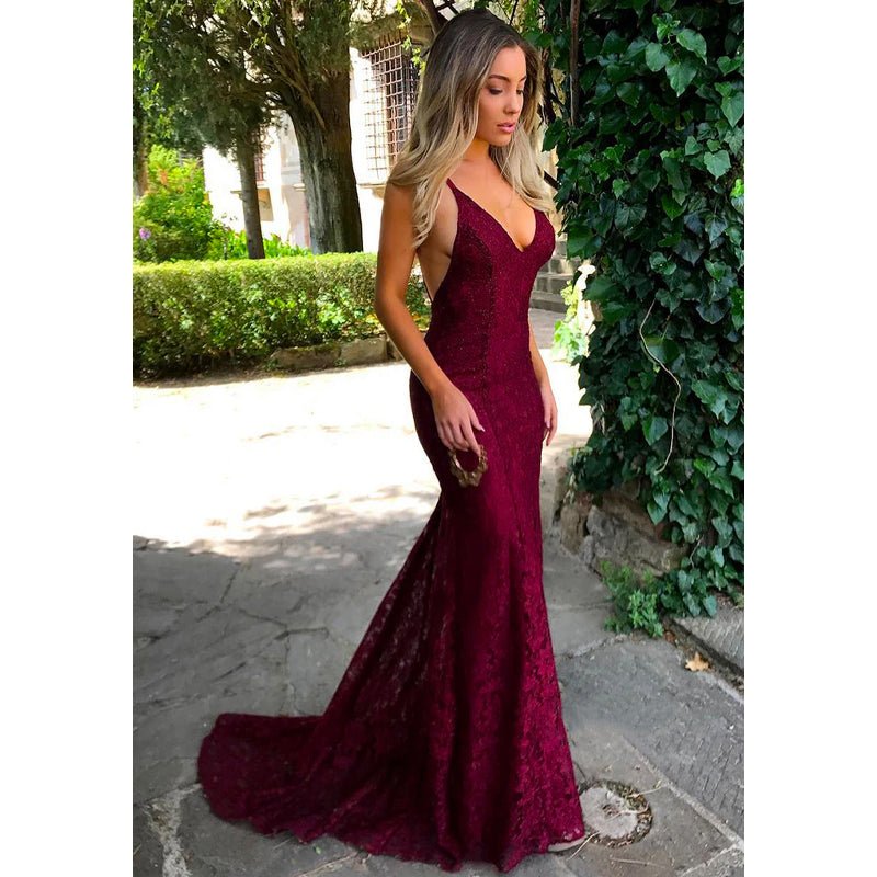 NumberSea - Attractive V - neck Burgundy Lace Mermaid Prom Dress Backless