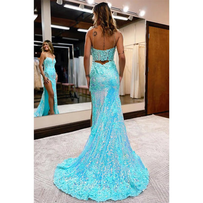 NumberSea - Attractive V - neck Lace Appliques Sequins Prom Dress with Slit