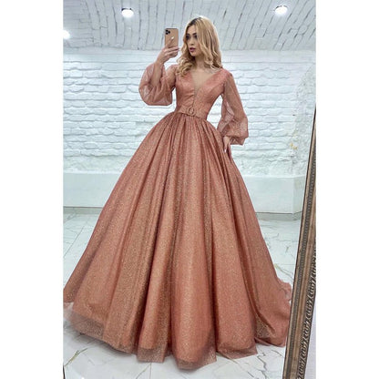 NumberSea - Attractive V - neck Long Sleeves Sparkly Prom Dress with Pockets