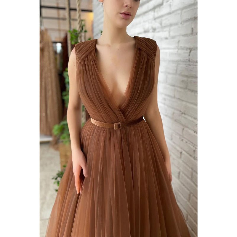 NumberSea - Attractive V - neck Pleats A - line Tulle Long Prom Dress