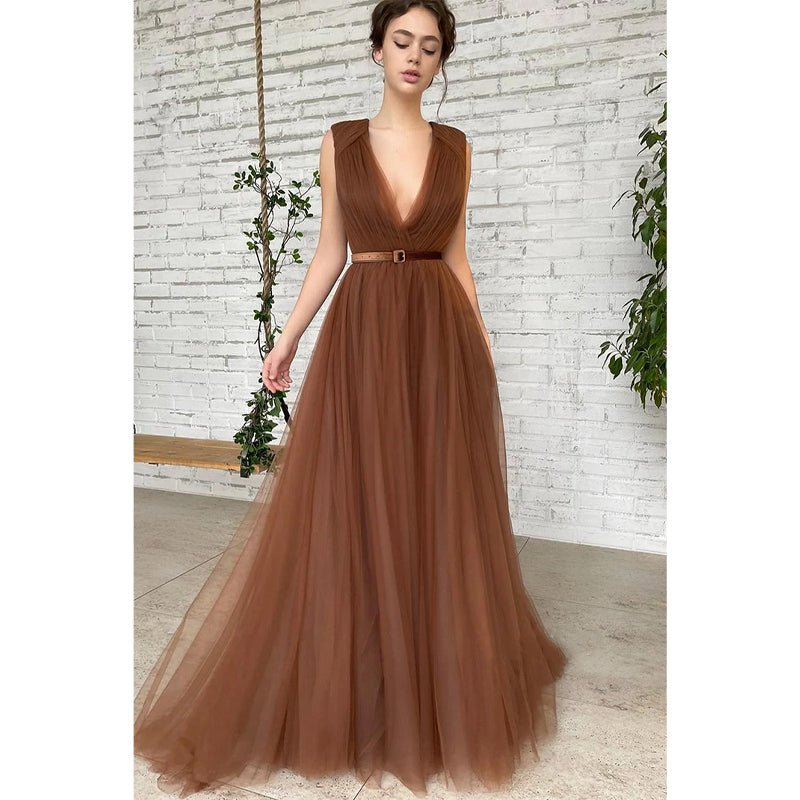 NumberSea - Attractive V - neck Pleats A - line Tulle Long Prom Dress