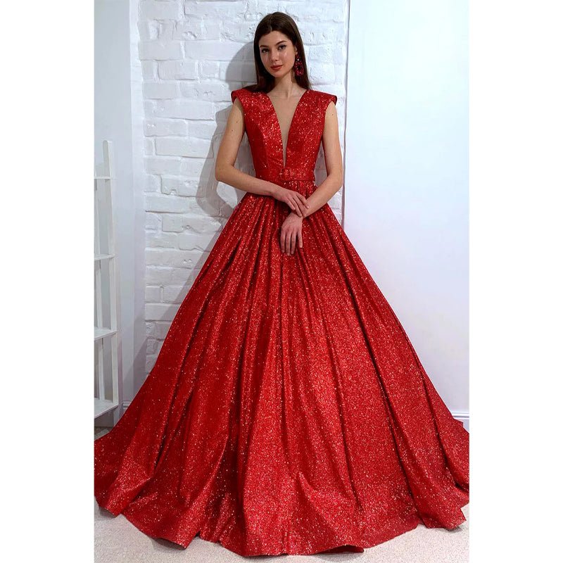 NumberSea - Attractive V - neck Red Sparkly Prom Ball Gown