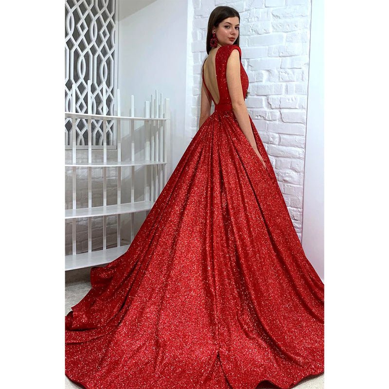 NumberSea - Attractive V - neck Red Sparkly Prom Ball Gown