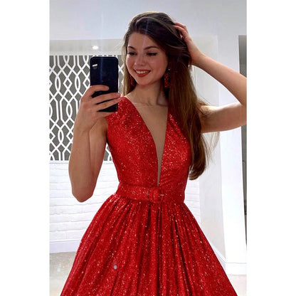 NumberSea - Attractive V - neck Red Sparkly Prom Ball Gown