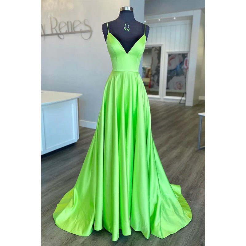 NumberSea - Attractive V - neck Satin Simple Long Prom Dress with Pockets