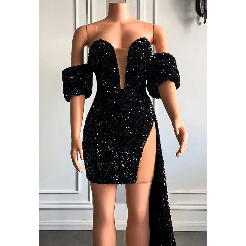 NumberSea - Attractive V - neck Short Sleeves Sequins Sparkly Prom Dress for Black Girls Slay