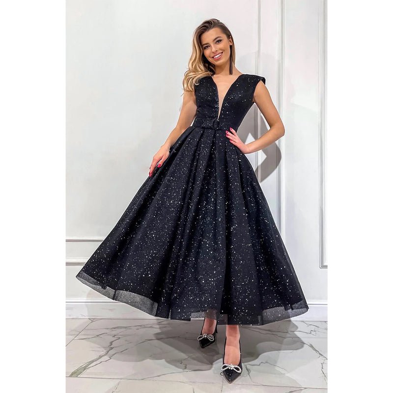 NumberSea - Attractive V - neck Tulle Black Vintage Prom Dress Glitter