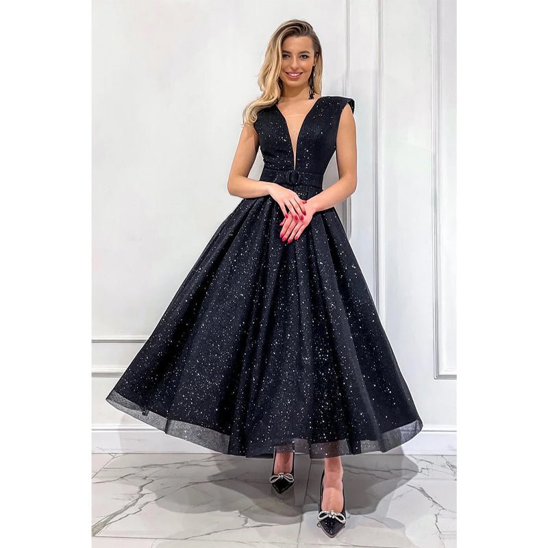 NumberSea - Attractive V - neck Tulle Black Vintage Prom Dress Glitter