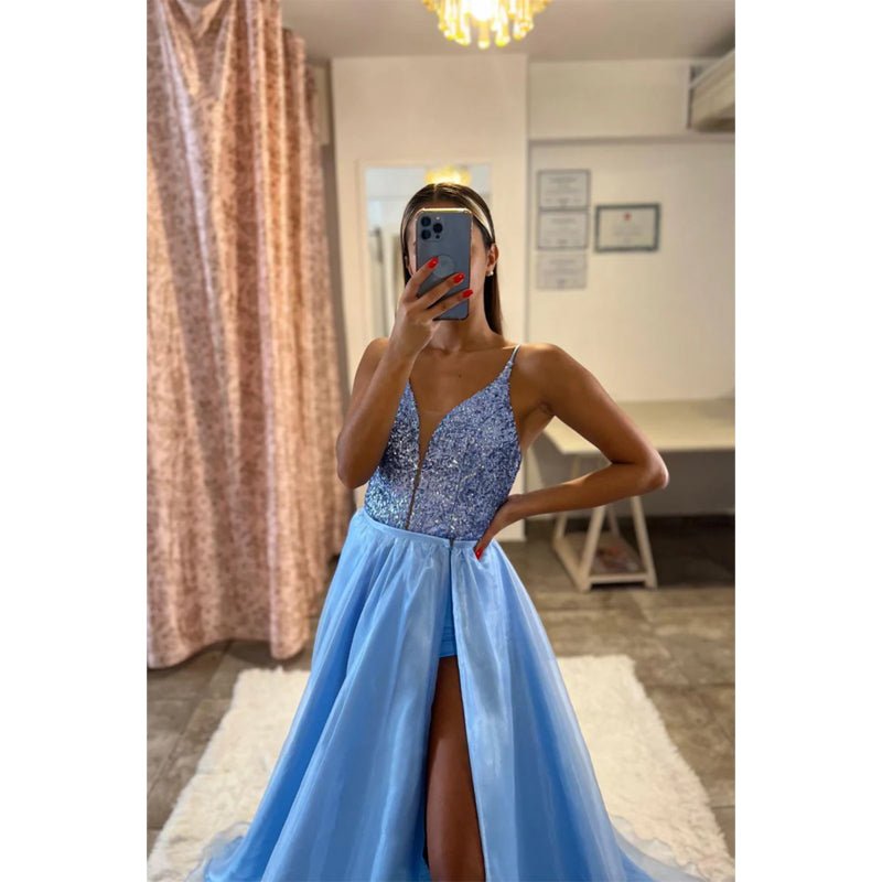 NumberSea - Attrctive V - neck Sequins High Split Long Prom Dress