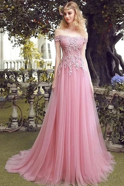 NumberSea - Aurora Off The Shoulder Tulle Natural Waist A - Line/Princess Sleeveless Sweep - Brush Train Bridesmaid Dresses