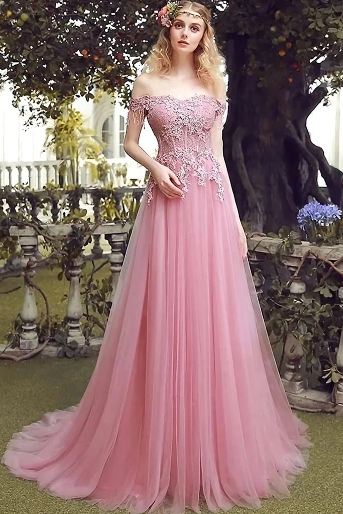 NumberSea - Aurora Off The Shoulder Tulle Natural Waist A - Line/Princess Sleeveless Sweep - Brush Train Bridesmaid Dresses