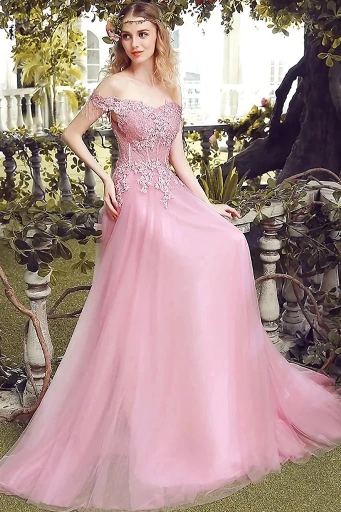 NumberSea - Aurora Off The Shoulder Tulle Natural Waist A - Line/Princess Sleeveless Sweep - Brush Train Bridesmaid Dresses