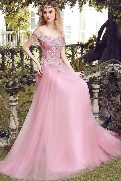 NumberSea - Aurora Off The Shoulder Tulle Natural Waist A - Line/Princess Sleeveless Sweep - Brush Train Bridesmaid Dresses