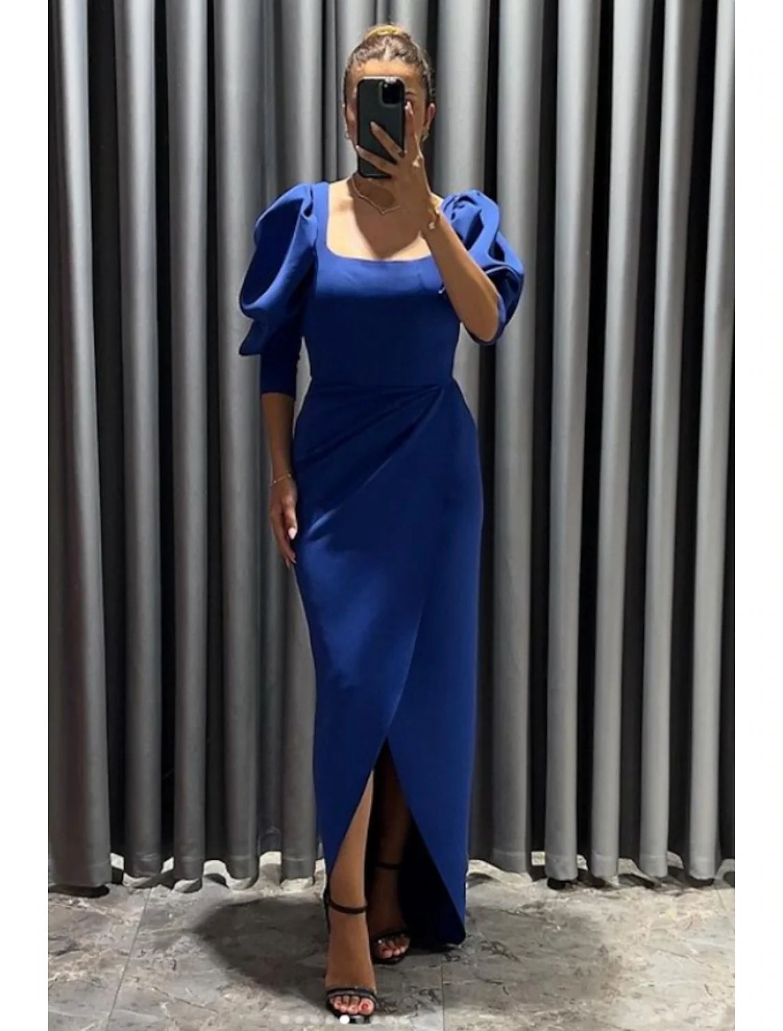 Sheath / Column Evening Gown Elegant Dress Formal Fall Asymmetrical 3/4 Length Sleeve Square Neck Stretch Fabric with Ruched Slit