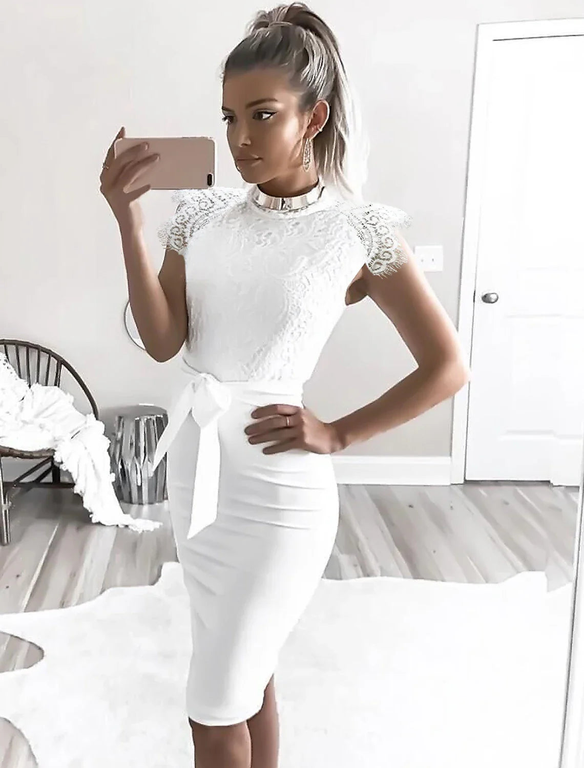 Women's Bodycon Knee Length Dress White Sleeveless Solid Color Lace up Round Neck Elegant Cocktail Party Lace