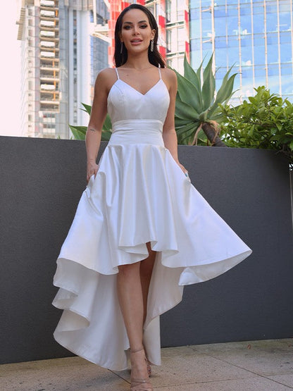 Wedding Dresses A-Line/Princess Satin Ruched V neck Sleeveless Asymmetrical