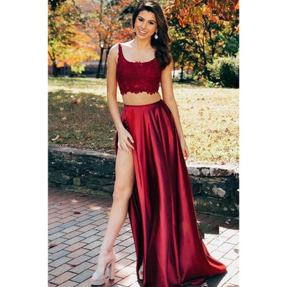 Double Straps Lace Top Burgundy Satin Two Piece Prom Dress with Pockets